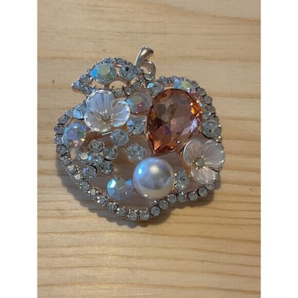 Rhinestone Apple Brooch With Floral & Pearl Accents - Picture 1 of 4